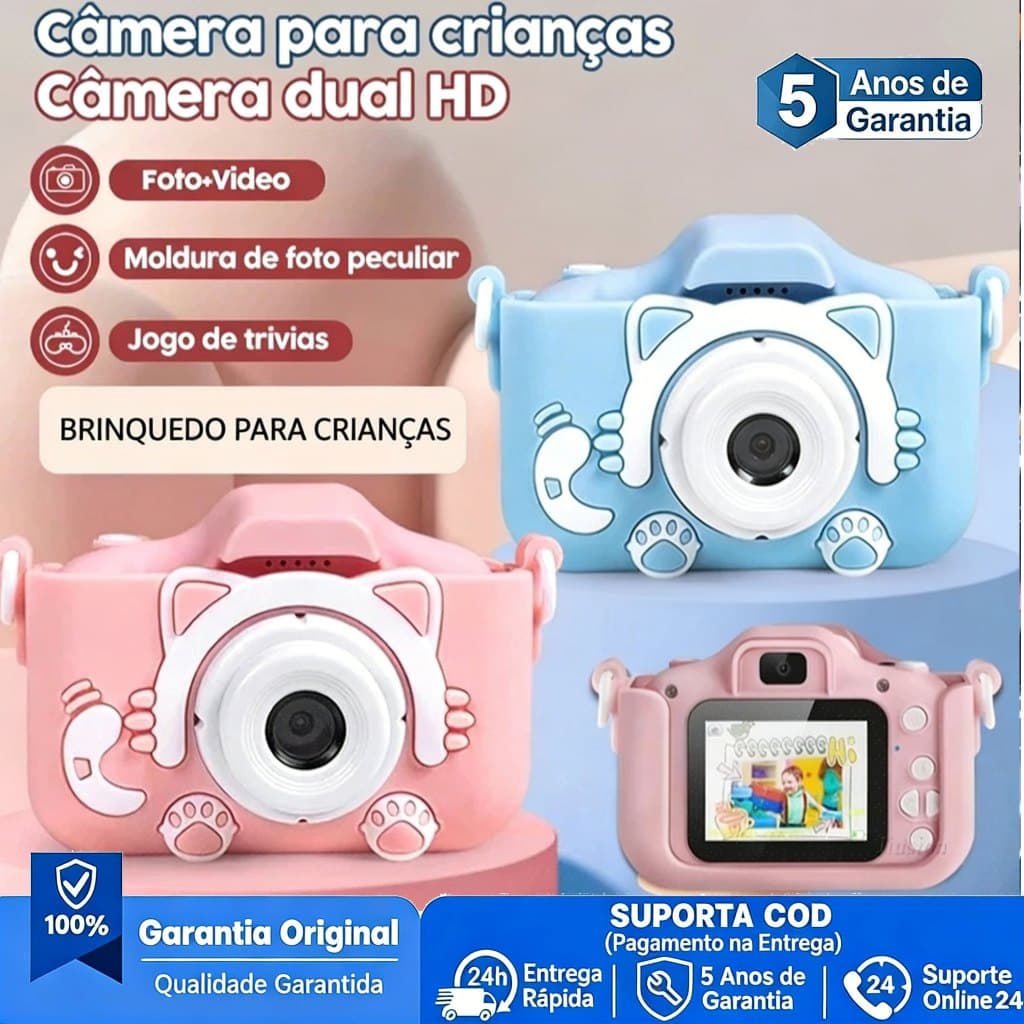 Mini Câmera Infantil Mini Recarregável Com Capa Video Jogos Fotos