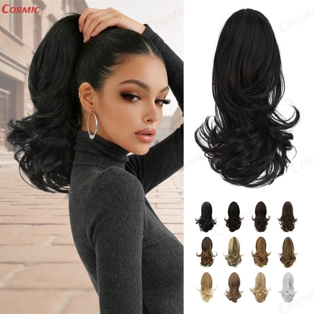 Extensão de Cabelo Sintético 28cm Curto Encaracolado Rabo de Cavalo Garra Clipe Aumenta Volume Marrom Preto-CO