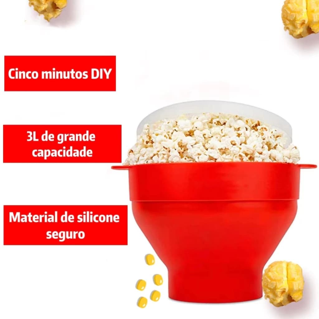 Tigela de Pipoca de Silicone para Micro-ondas | 5 Minutos | Dobrável e Econômica | Livre de BPA | 3L Tamanho Família