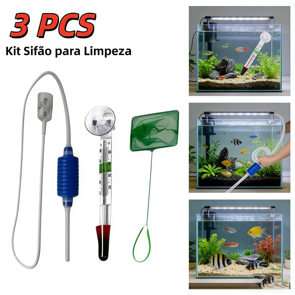 Kit 3 Completo Sifão Limpeza Aquário - Termômetro E Rede Com Ventosa