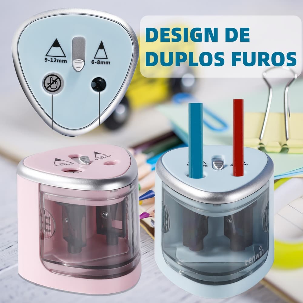Afiador Elétrico Automático de Lápis com Duplo Furo Apontador Elétrico Bateria para lápis