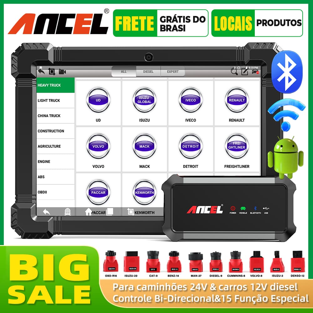 Ancel X7 HD Scanner Caminhão Diesel 12V 24V Bluetooth Diagnóstico Completo DPF Regen ECU Redefinição Caminhão Pesado