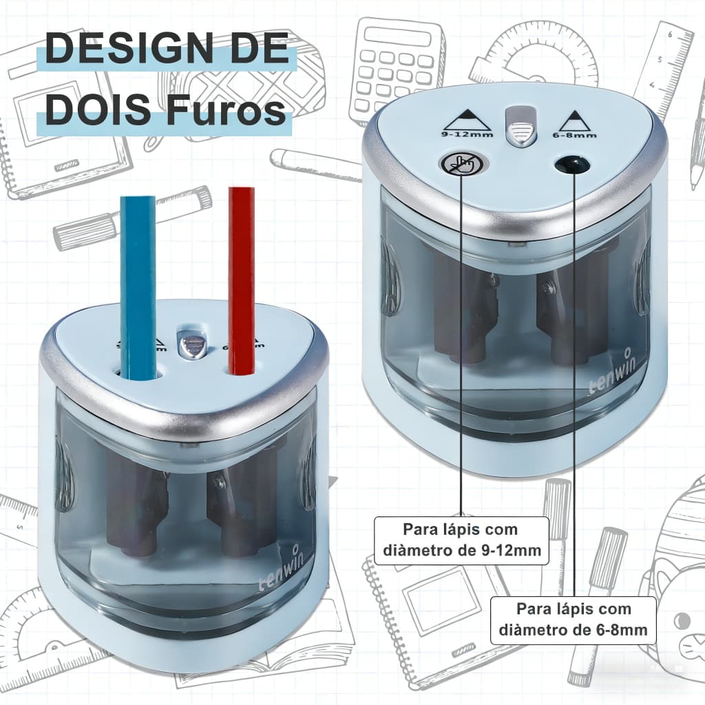 Apontador Elétrico Bateria para lápis Automático 6-12mm Multi-Funcional Operado Com Duplo Furo,Para Estudantes E Escola
