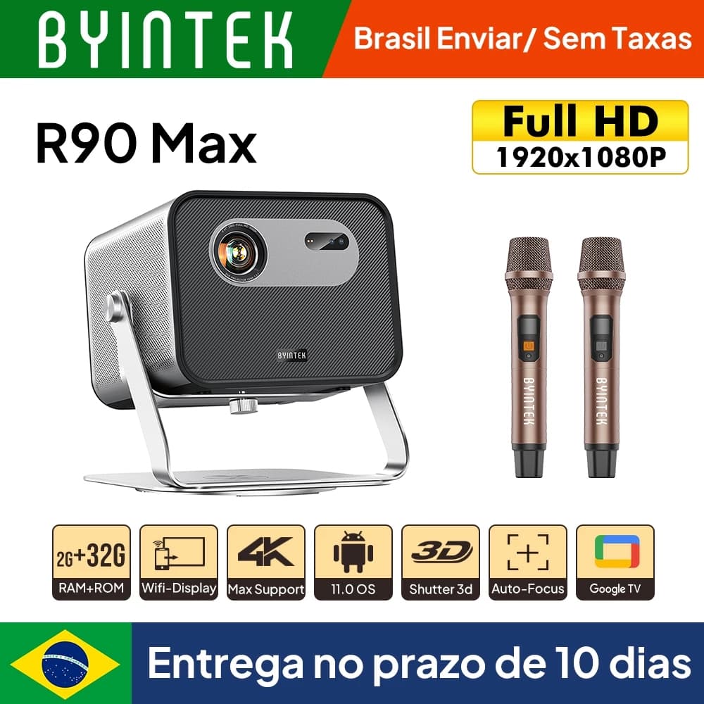 Byintek R90 Max Full HD 1080P Projetor DLP 2200 ANSI Lumens Android 3D 4K Mosquetão