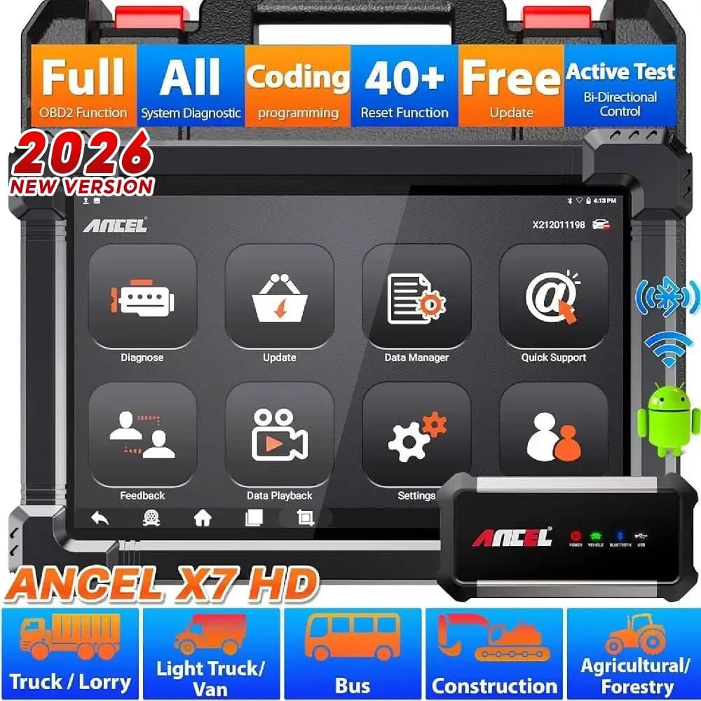 Scanner Diesel ANCEL X7 HD 12V/24V Diagnóstico Completo, 40+ Redefinição Bidirecional ECU Codificação Português