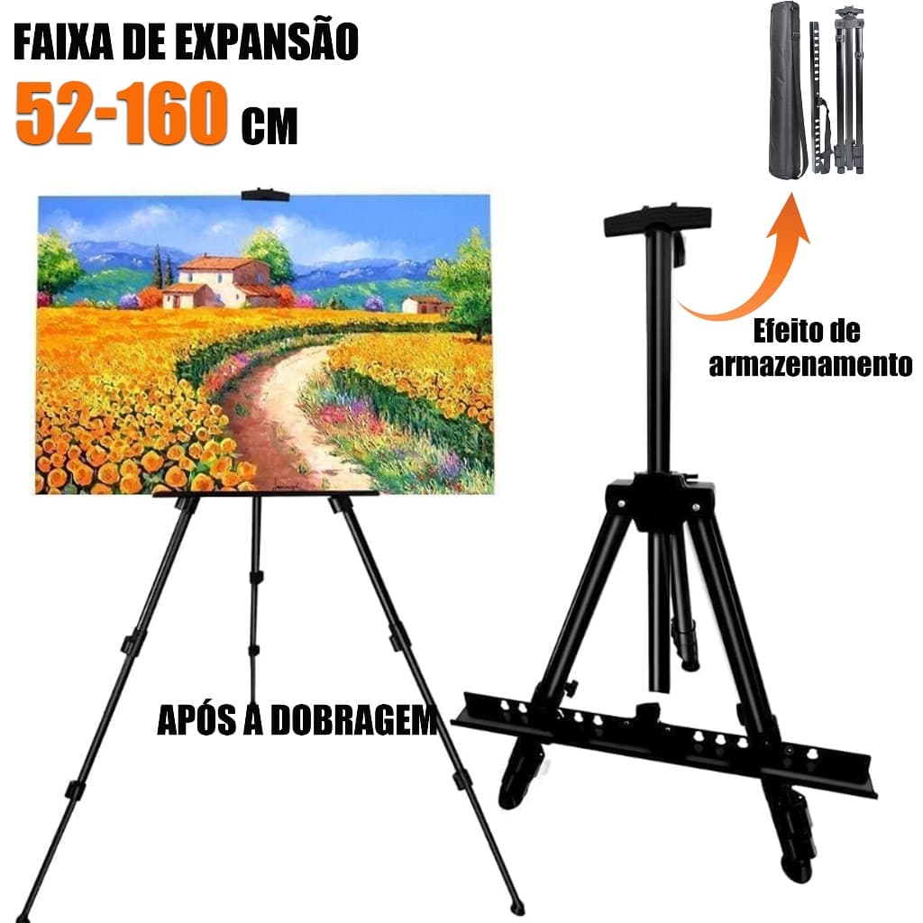 Cavalete Tripé de Pintura Profissional 1,60m Dobrável com Bolsa – Para Tela Grande, Aço Resistente 5kg