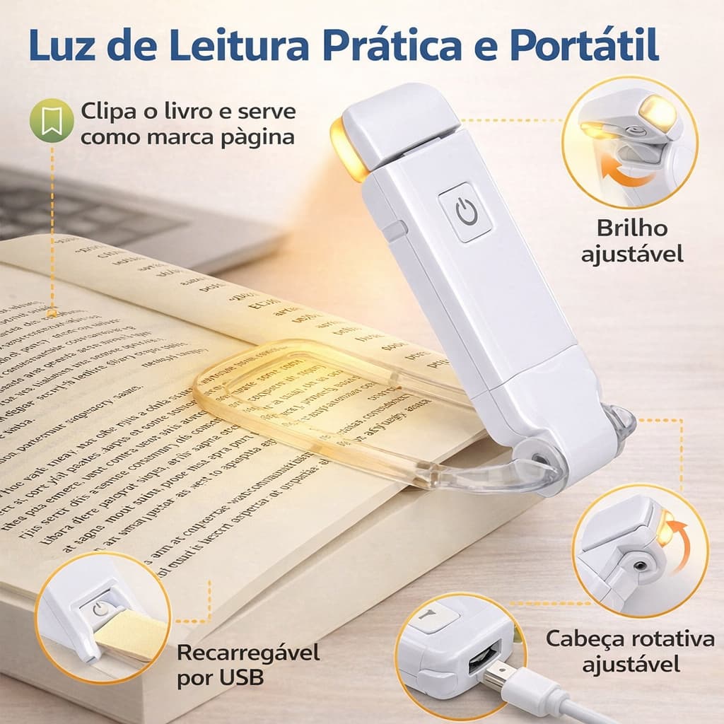 Luminária de Leitura LED USB com Clip Portátil Luz Livro Ajustável Leitura Noturna