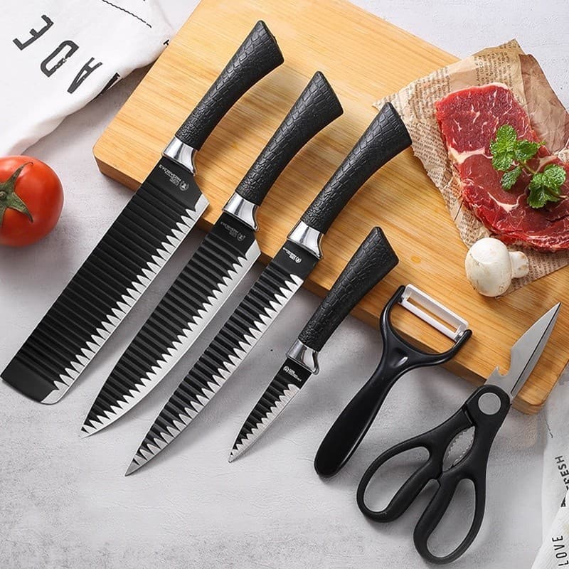 Kit Jogo De Facas Cozinha 4/6 Peças Antiaderente Profissional Churrasco + Tesoura Descascador