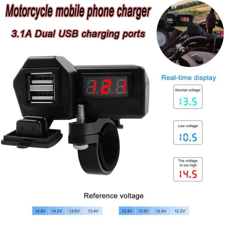 Carregador De Motocicleta USB Duplo À Prova D'água Com Voltímetro Digital-Tomada De Alta Saída 3.1A Para Bicicletas 12V/