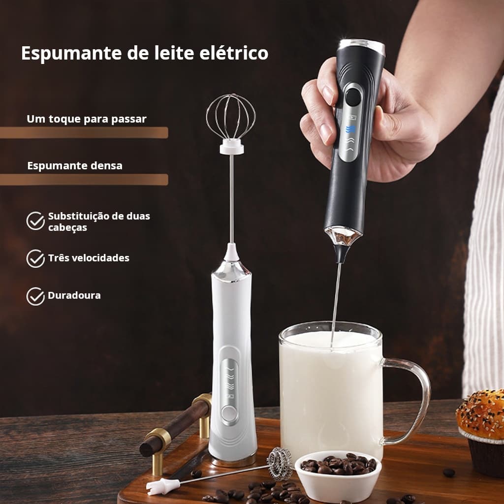 Mini Misturador Elétrico Portátil Eletroplaqueado Cintura Fina 3 Velocidades Café Leite Ovos