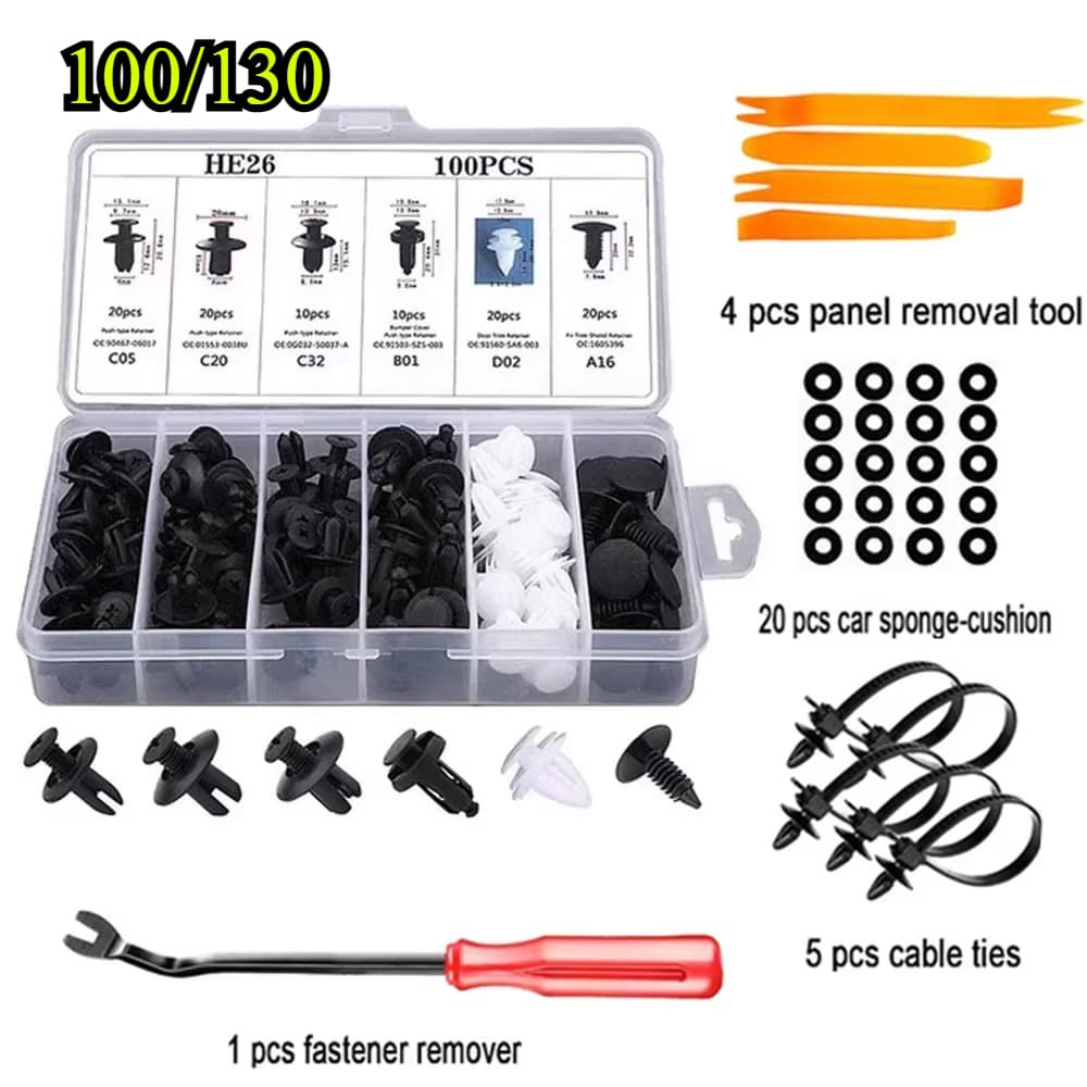 Kit Grampos E Presilhas Automotivas 130/100 Peças Com Estojo Organizador Universal Reforçado Para Carro Parabarro