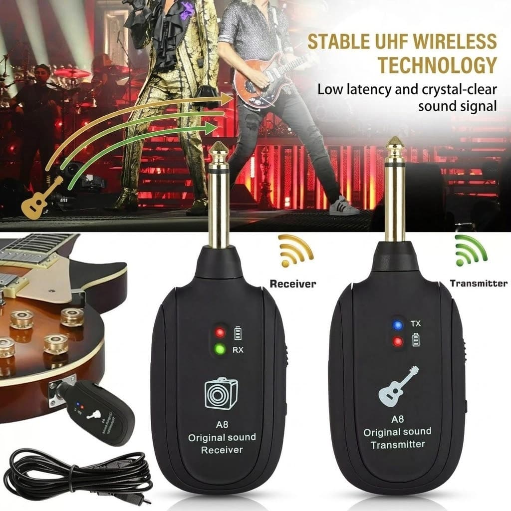 Sistema Sem Fio De Guitarra UHF A8 Com Transmissor E Receptor Recarregáveis Para Baixo Elétrica Equipamento De Áudio Pro