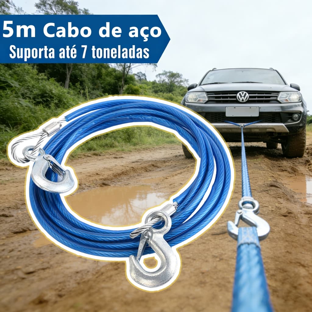 Cabo de aço de 5m-Corda de reboque de emergência para carro com gancho,10mm,Suporta 7 toneladas, para motocicleta/Carro