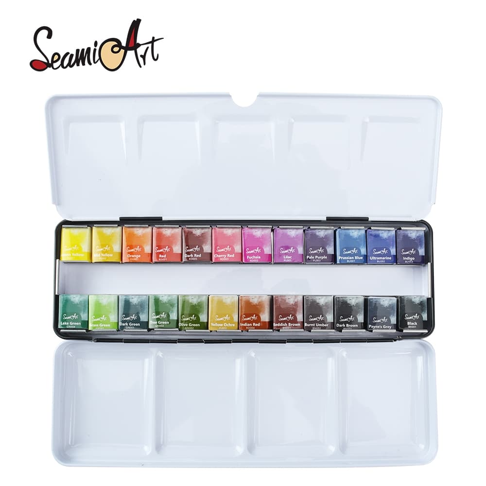 SeamiArt Conjunto De Aquarela Sólida De Meia Panela De Grau Artístico De 24 Cores Com Caixa De Metal Portátil De 1 Unida