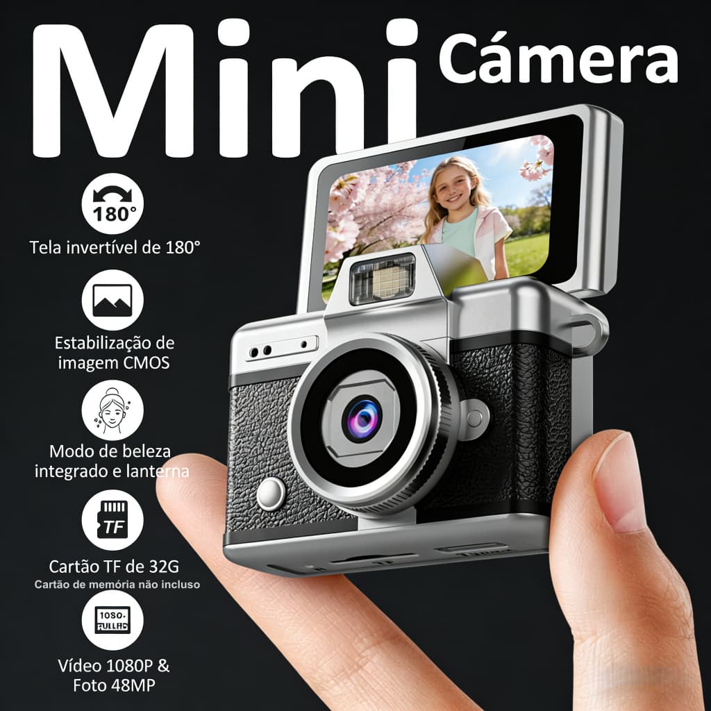 Mini Câmera digital portátil retrô  com Tela Flip 180° de chaveiro, câmera de vídeo compacta e elegante para estudantes