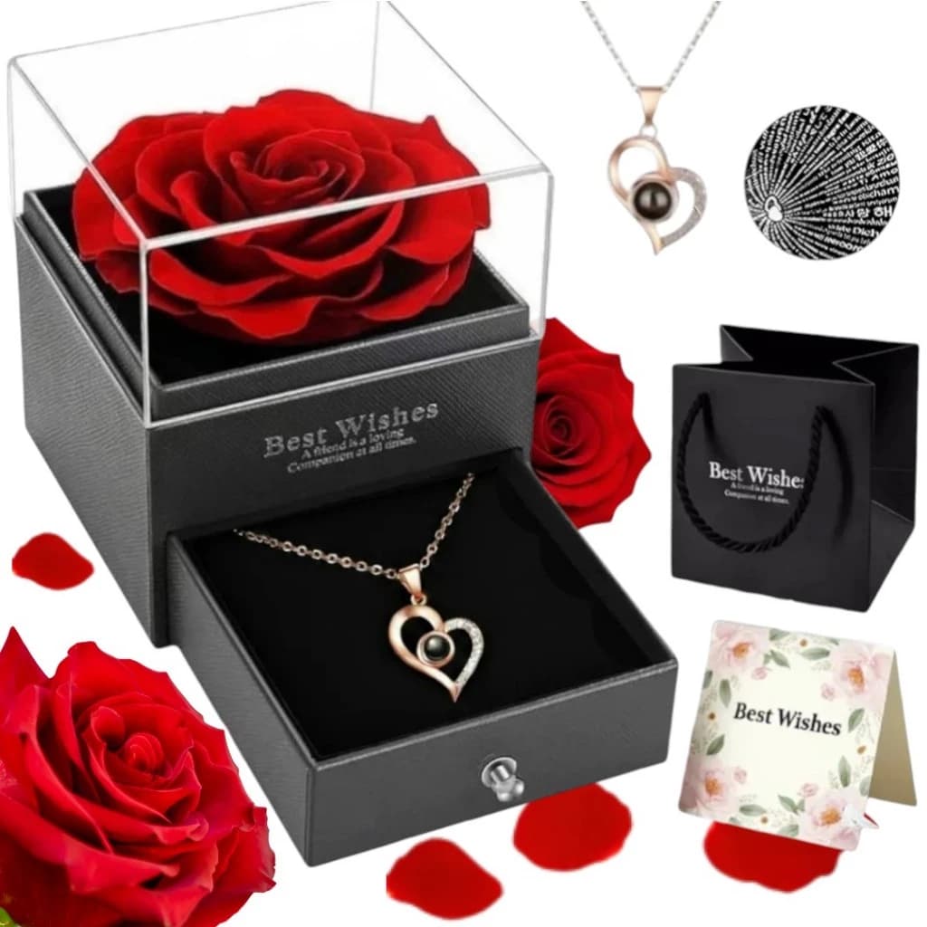 Rosa Eterna Preservada caixa de Presente E Colar Feminino E eu te amo Em 100 Idiomas Mãe Esposa Namorada Natal