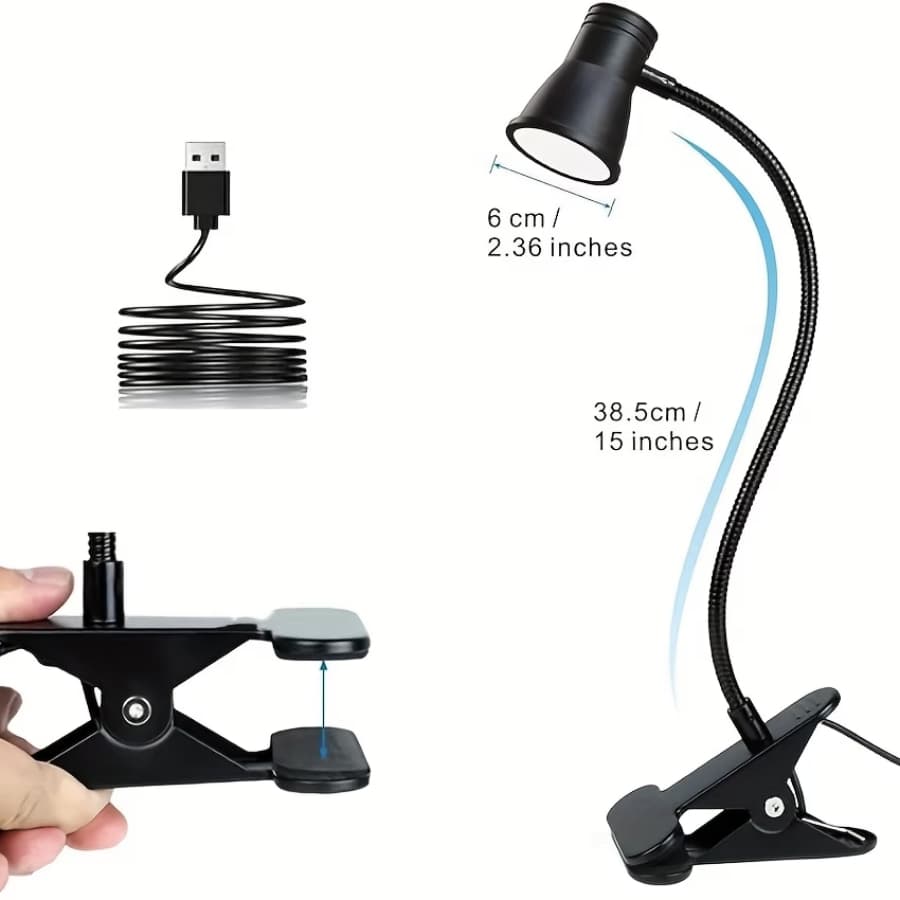 Luminária de Mesa LED Tipo Chifre com Base de Grampo, Pescoço de Ganso Ajustável, Luminária de Clipe USB