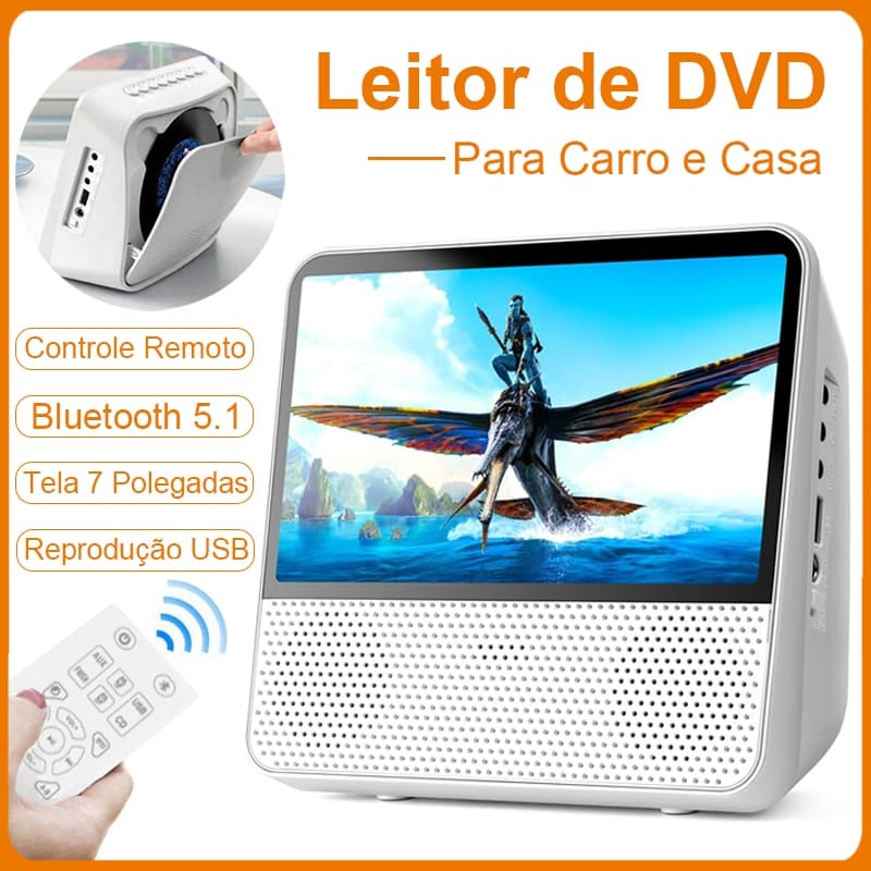 Leitor De DVD Multimídia Portátil CD Player com Bluetooth 5.1, Tela 7" Tela HD 1024x600, Entrada USB, AUX, AV