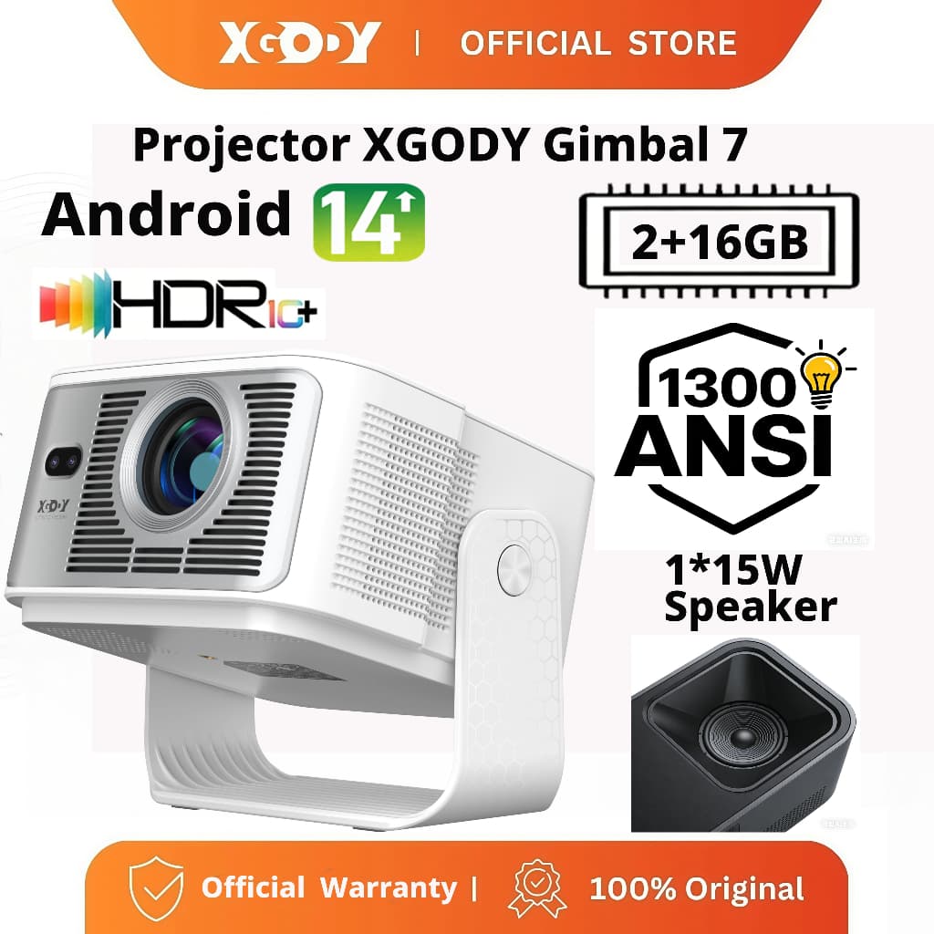 XGODY Projetor Gimbal 7, Brilho 1300ANSI, Foco Automático, Correção Inteligente, Android 14, Suporte 4K 8K, WiFi6, BT5.4