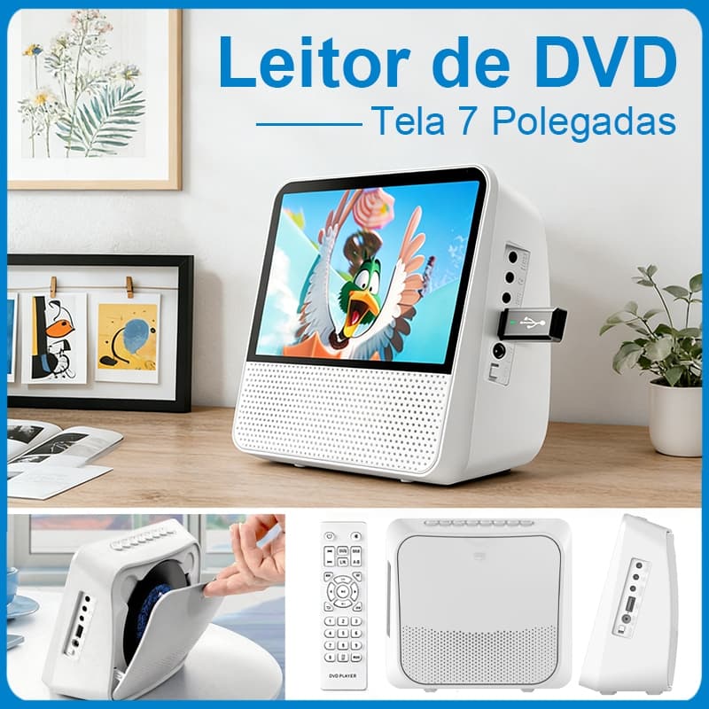 DVD Player Portátil Tela 7 Polegadas, Leitor de DVD CD Multimídia com Bluetooth, USB, AUX, AV, Bateria Recarregável