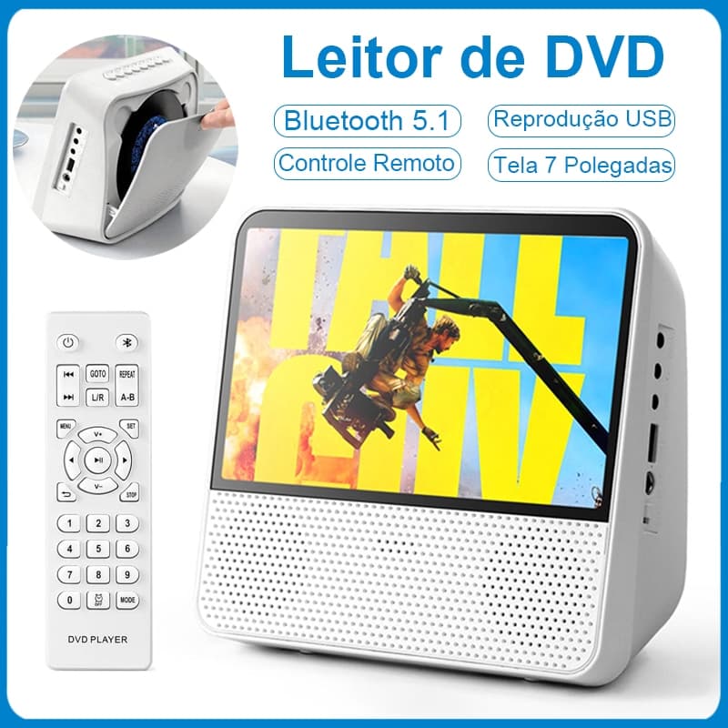 DVD Player Portátil 7 Polegadas Tela HD 1024x600, Leitor de CD Multimídia com Bluetooth, USB, AUX, AV, Controle Remoto