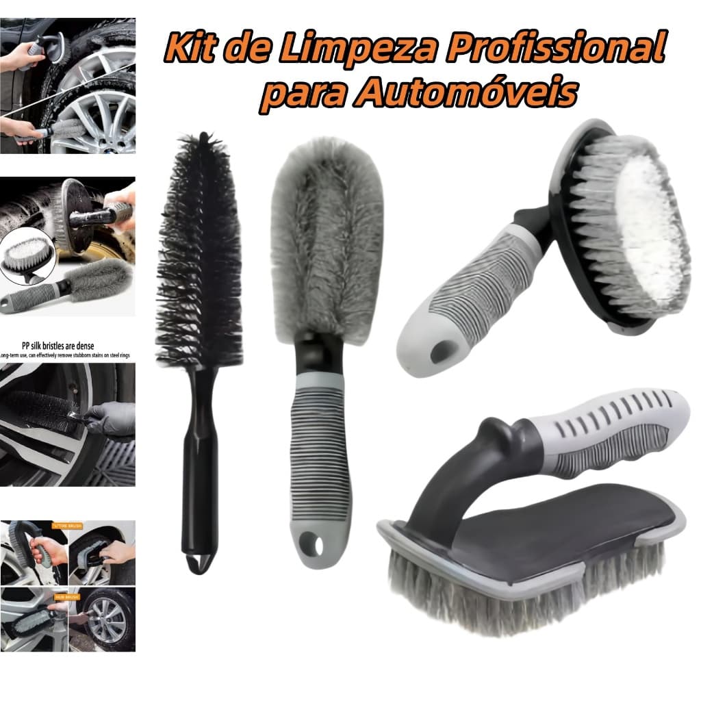 Kit de Escovas Profissionais P/ Limpeza de Rodas Pneus Aros 4 Peças