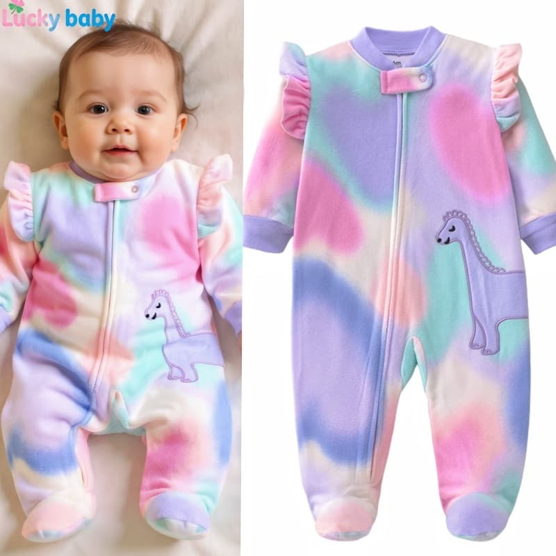 Lucky Baby Macacão Bebê Menina e Menino Outono/Inverno Fleece Quente Zíper Pé Fechado Bordado Animal Babado Ombro