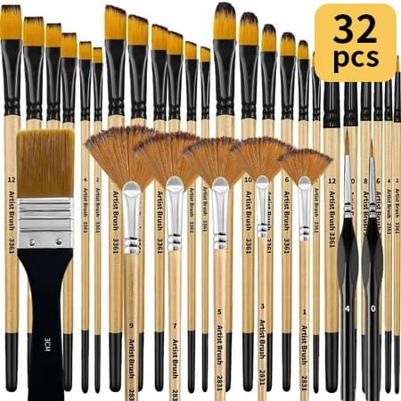 Kit 32 Pincéis para Pintura Artística – Acrílica, Tela e Óleo