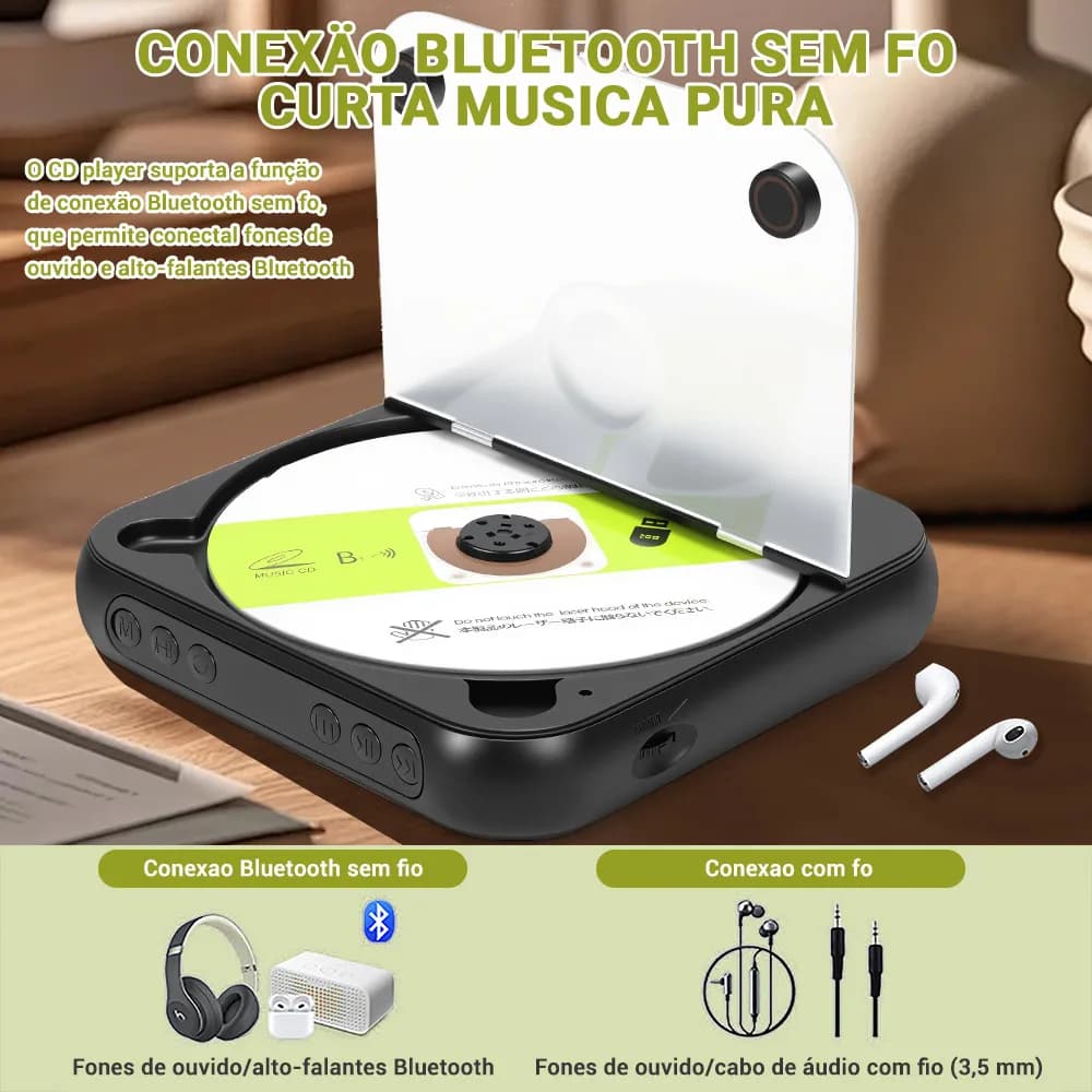 Leitor de CD Portátil Bluetooth Recarregável USB Com Fones de Ouvido Visor LCD Suporta Cd/mp3/cd-rwma