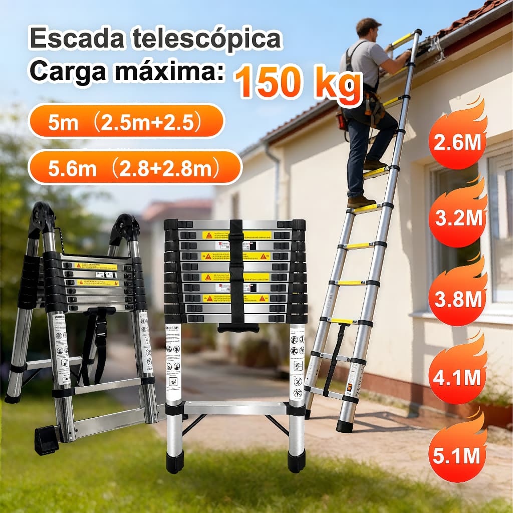 Escadas Retráteis E Escadas Dobráveis 2.6m - 5.1m Extensível Dobrável Multifuncional Profissional