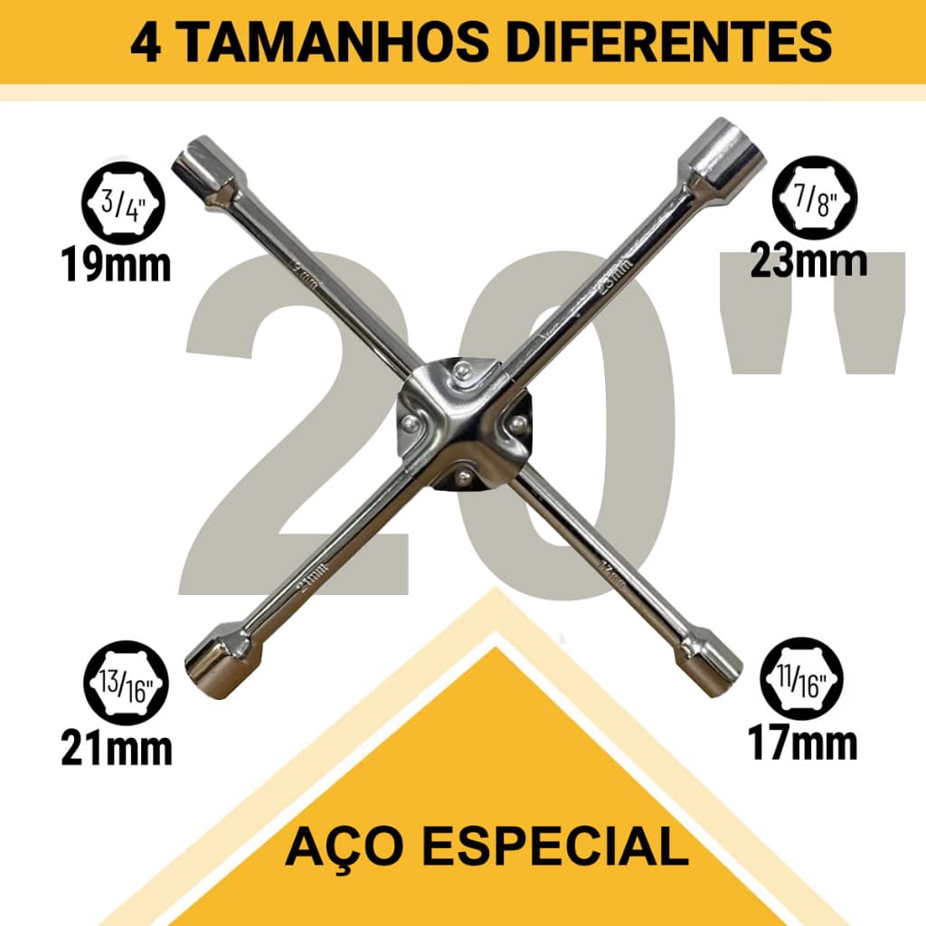 Chave De Roda Cruz 4 Bocas 20 Pol 17x19x21x23mm Cromada Para Veículos Carros