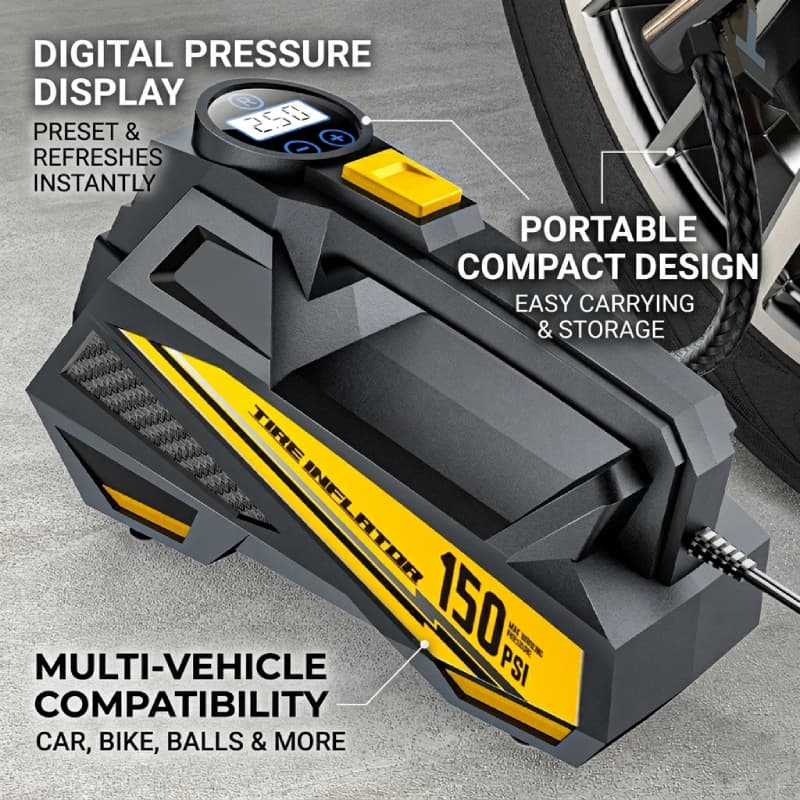  Inflador de pneus digital portátil para carro com luz LED, 12V para bicicletas e motocicletas.