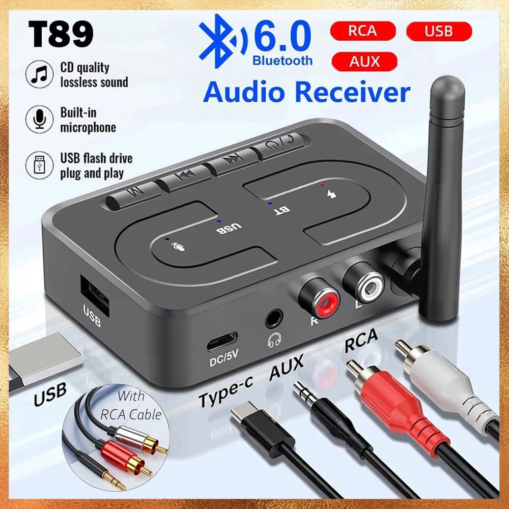Bluetooth 6.0 Adaptador Receptor De Áudio Música Estéreo Sem Fio 3.5mm AUX R/L RCA Com Microfone Suporte U-Disco Par