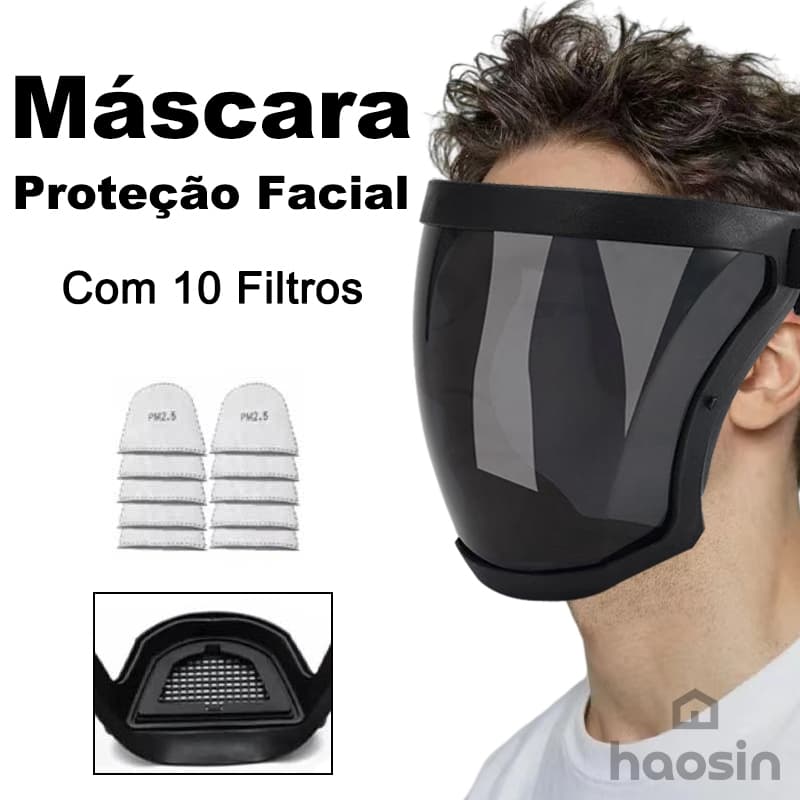 Máscara de Proteção Facial Completa Antifog Antirrespingos e à Prova de Vento com 10 Filtros PM 2,5