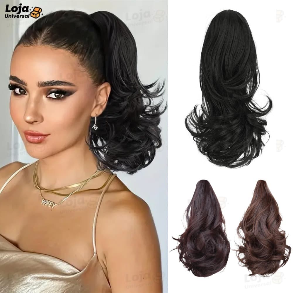 Extensão de Cabelo Sintético 28cm Curto Encaracolado Rabo de Cavalo Garra Clipe Aumenta Volume Marrom Preto-LU