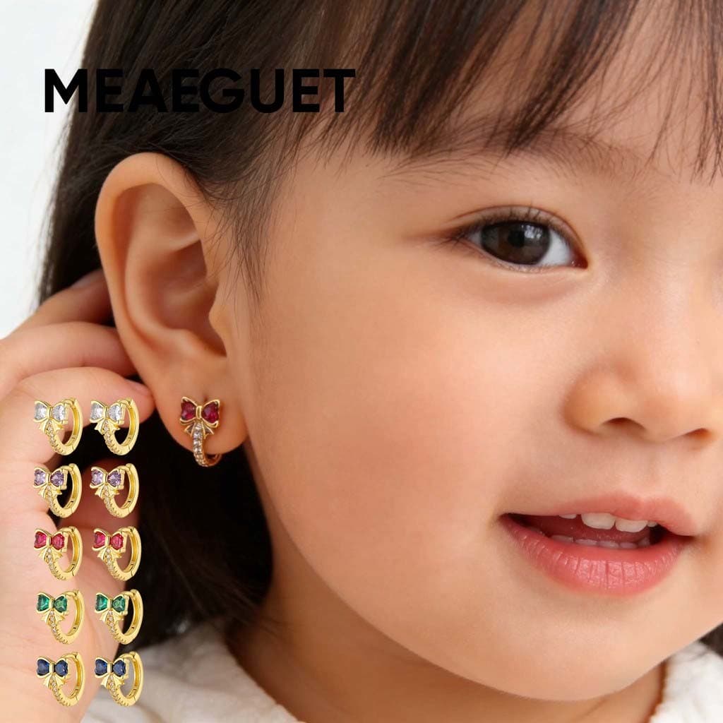 Meaeguet Bow Baby Hoop Brincos Ouro Com Zircônia Hipoalergênico Presente À Prova D'água Para Menina Infantil