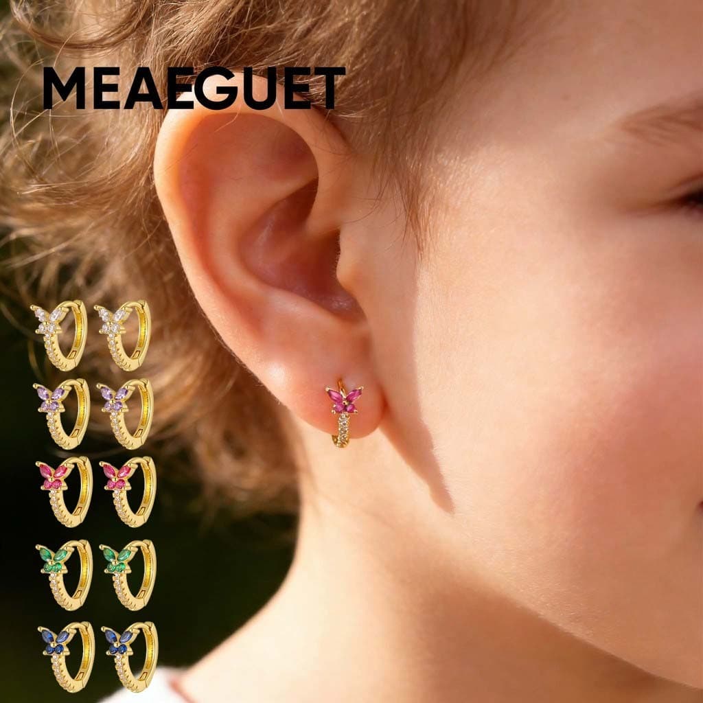 Brincos De Bebê Borboleta Meaeguet Zircônia Vermelha Argolas Douradas Hipoalergênicas À Prova D'água Joias Para Meninas