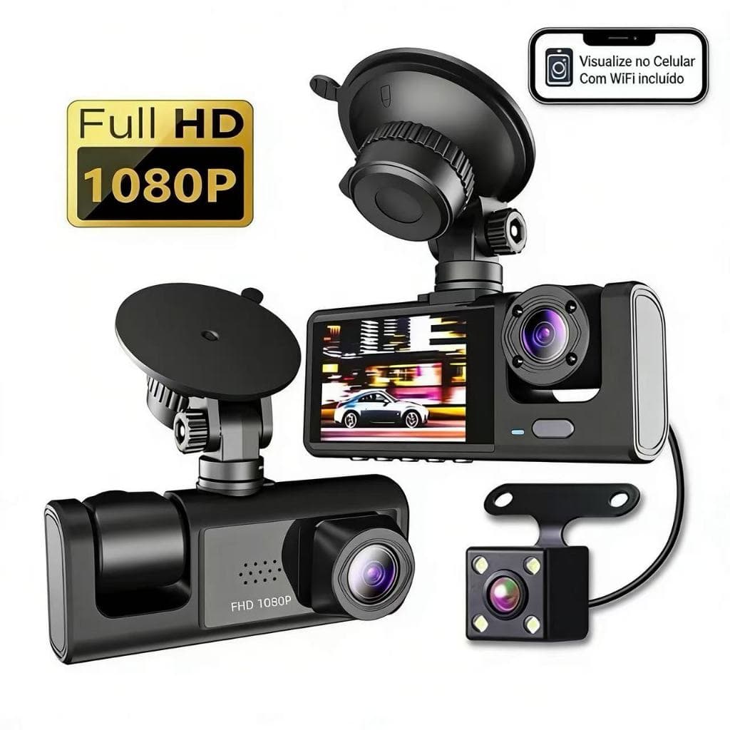Câmera Dashcam Wi-Fi 3 Lentes HD 1080P, Monitor de Estacionamento 24h, Gravador DVR Visão Noturna Full HD