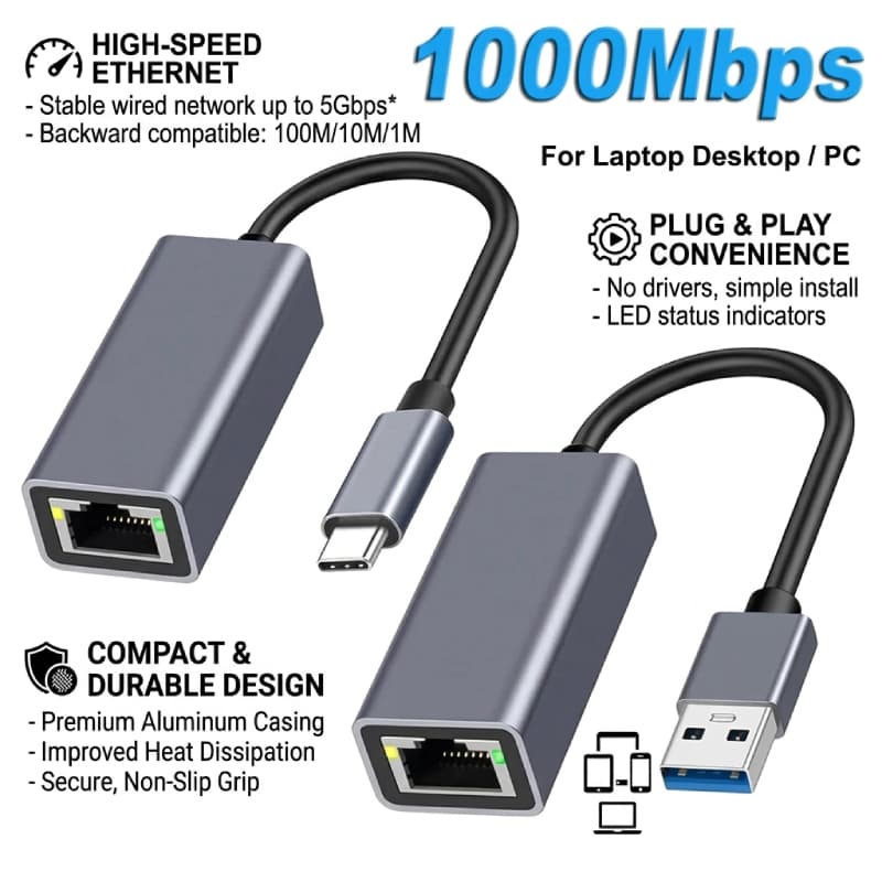 Adaptador Ethernet USB USB3.0 1000Mbps Lan Para Type C RJ45 Cabo De Rede MacBook PC Windows Gift