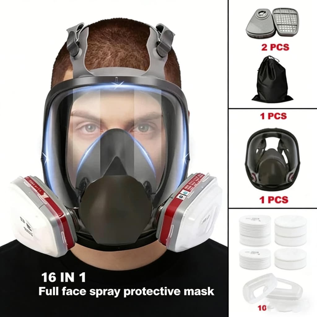 Kit Máscara Respirador 16 Em 1 Completa - Amplo Campo De Visão, Ideal Para Pintura Automotiva E Proteção Contra Gás