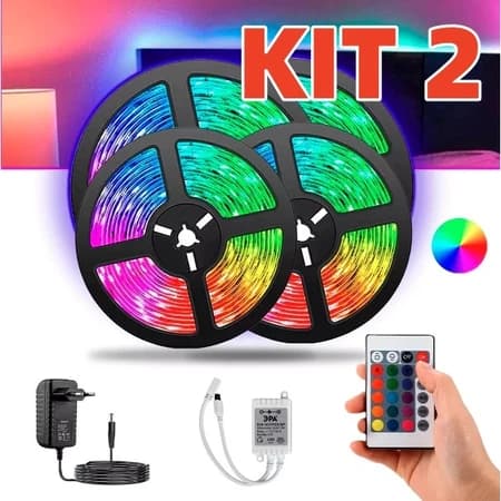 kit 2 Fita Led Rgb 3528 Colorida 5m + Controle+Fonte 300 Led Decoração Casa Loja Gesso Teto Sanca Vitrine