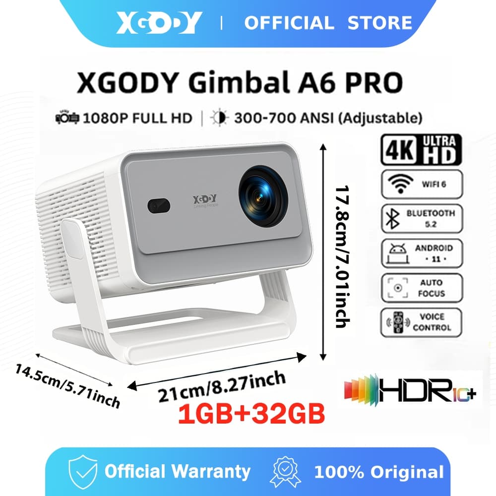 XGODY Gimbal A6PRO 4K Projetor Foco Automático 700ANSI 18000 Lumens Android 11 WiFi De Filme De Vídeo