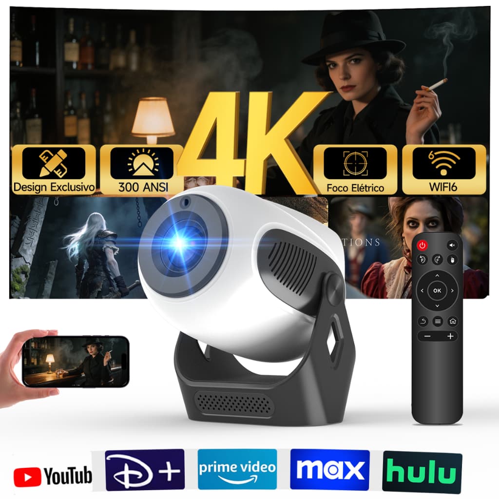 Projetor Magcubic HY300X Foco Elétrico Suporte 4K Dual WiFi 6 Home Cinema LED Super Silencioso 30dB