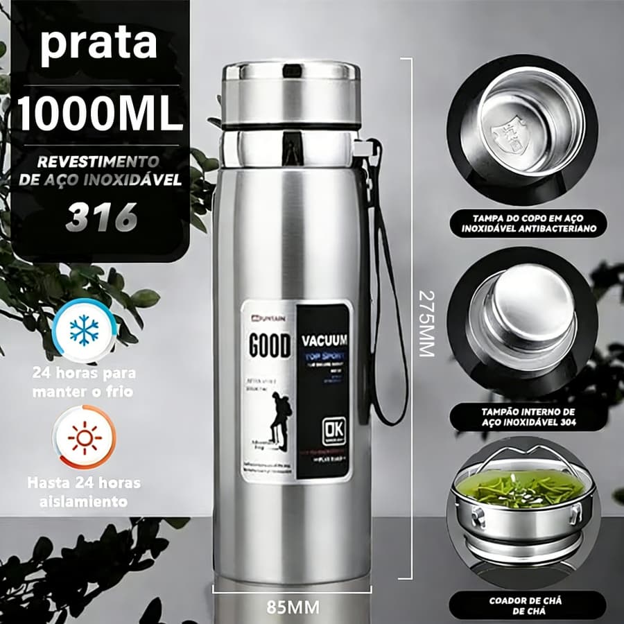 Garrafa 1000ml Inox Térmica Com Infusor Prata ,De Água Café Parede Dupla Com Alça-Para envio imediato