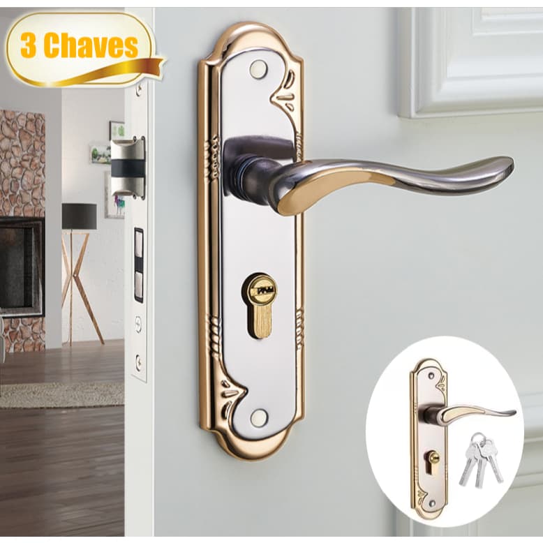 Fechadura de Porta Externa Sala Cozinha Banheiro Dourado luxo Cromada inox Com 3 Chaves