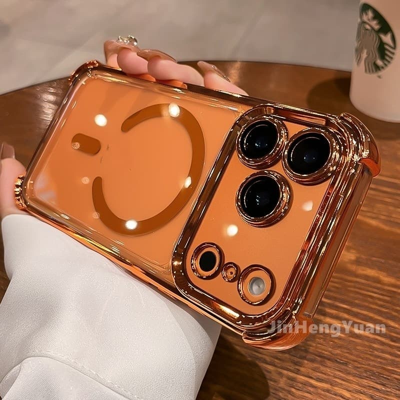 Capa Magnética Anti-Queda Galvanizada De Quatro Cantos Para Iphone 17 16 15 14 13 12 Pro Max Plus 17Air Lente Filme Dura