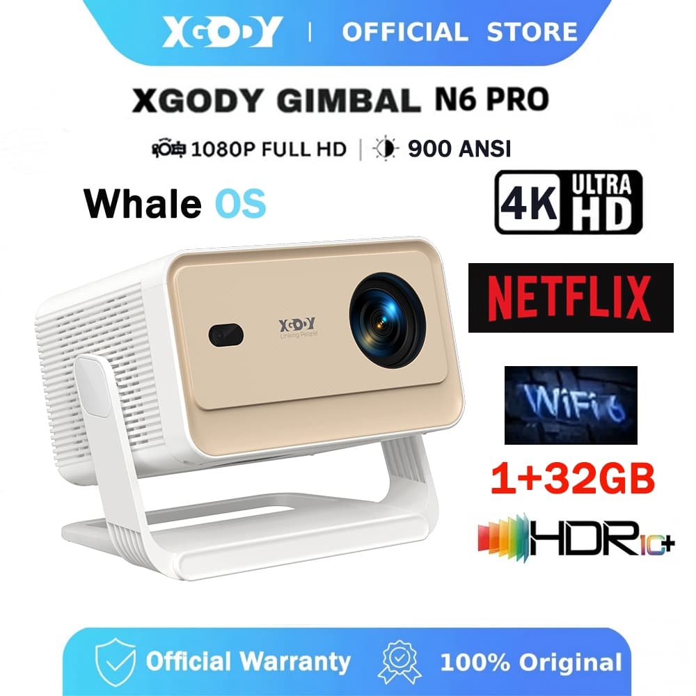 XGODY Gimbal N6PRO Projetor Ultra HD 1GB + 32GB 900ANSI 4K Foco Automático 5W Alto-Falante Wifi 6 Netflix Original