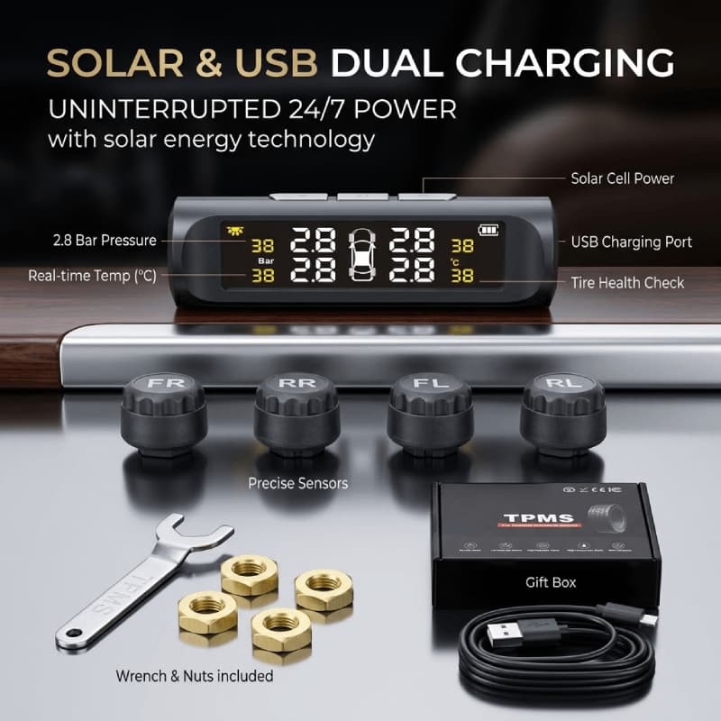 Monitor De Pressão Dos Pneus Do Carro TPMS Solar Externo Sem Fio Em Tempo Real Sensor Inteligente Primavera Viagem Estra