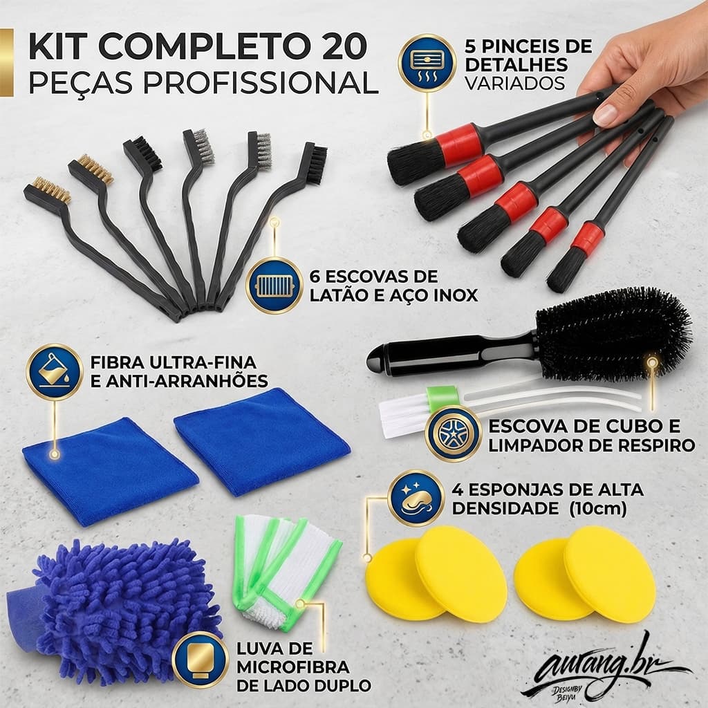 Kit 20 Peças Lavagem de Carro Escovas Luva Microfibra para Detalhamento Automotivo