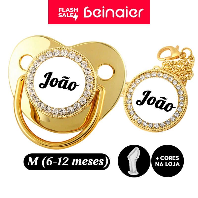 Chupeta personalizada com nome do bebê, indicada para bebês de 6 a 12 meses
